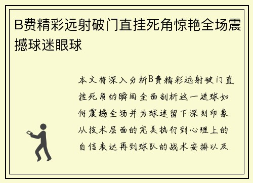 B费精彩远射破门直挂死角惊艳全场震撼球迷眼球